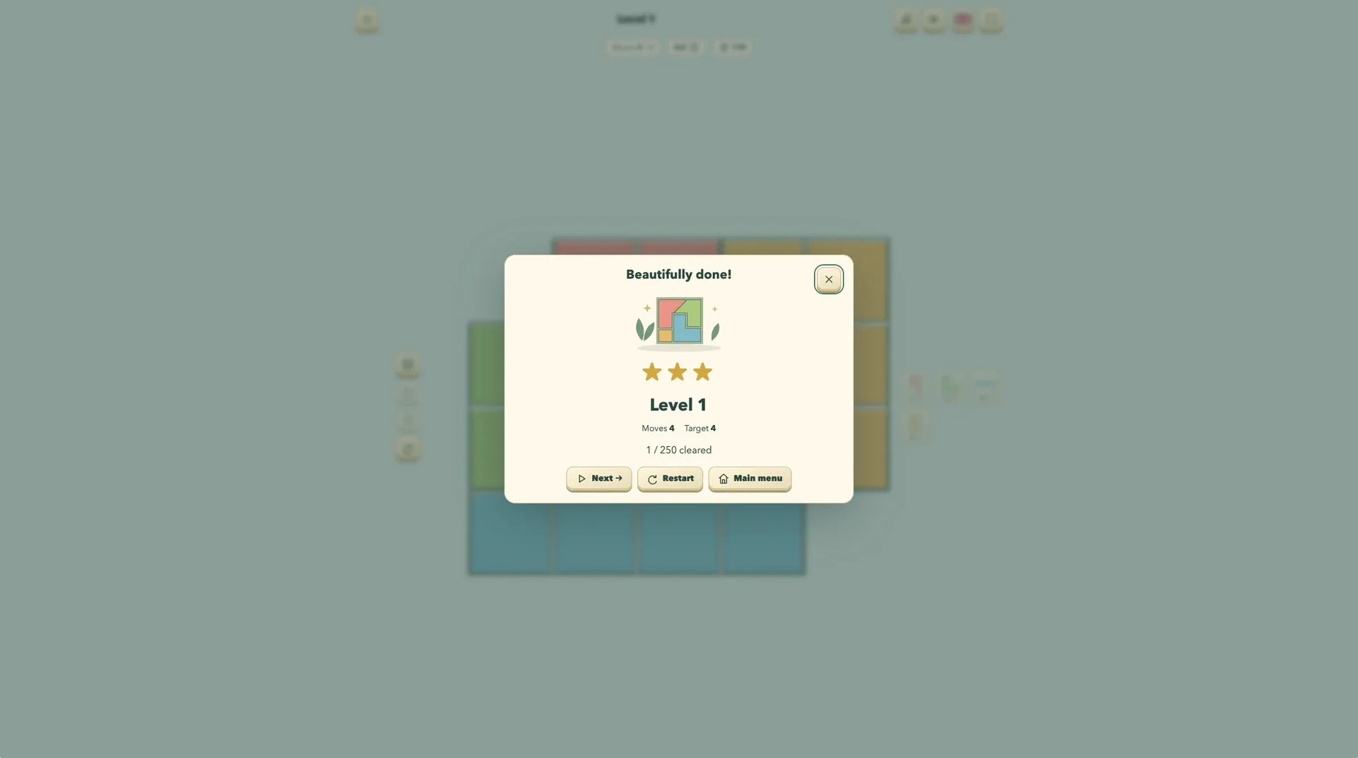 Level complete — results after finishing the mosaic.