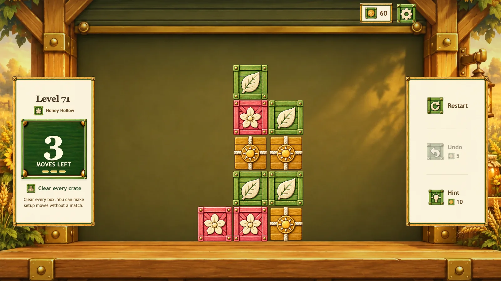 Honey Hollow — plan a three-move cargo cascade in Level 71.