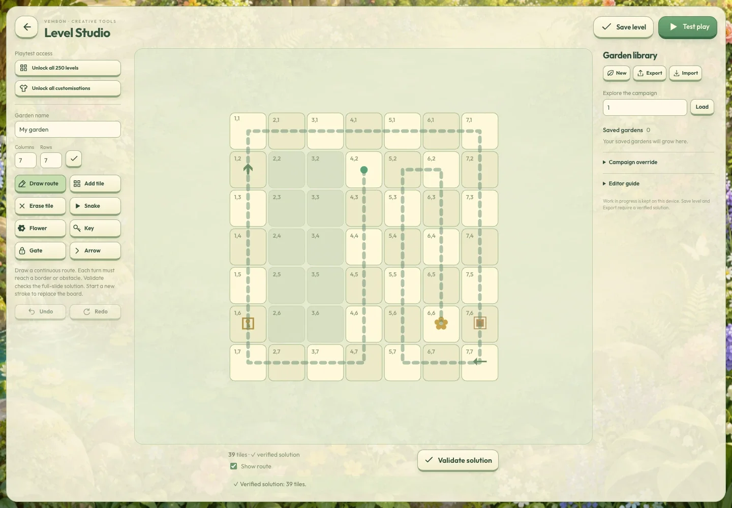 Level Studio/admin editor — create, validate and test custom puzzles