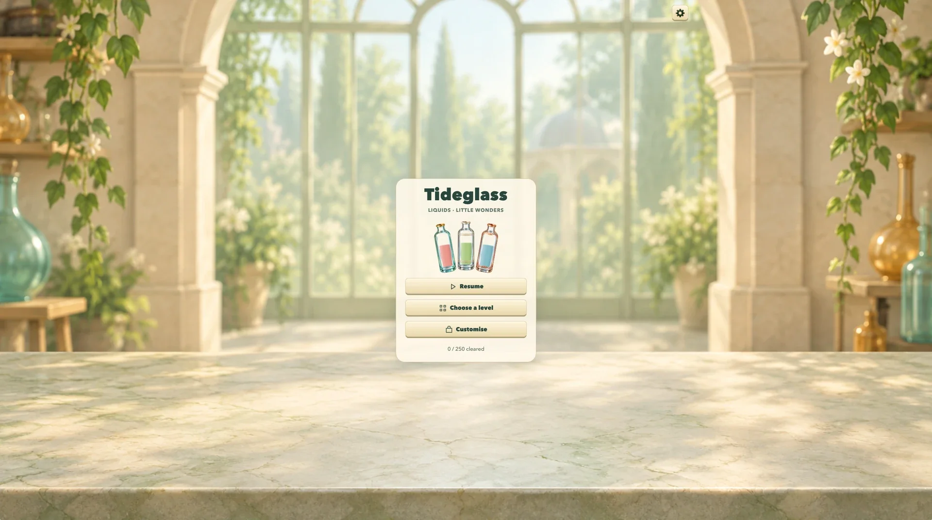 Main menu — resume a puzzle, choose a level or customise the workshop.