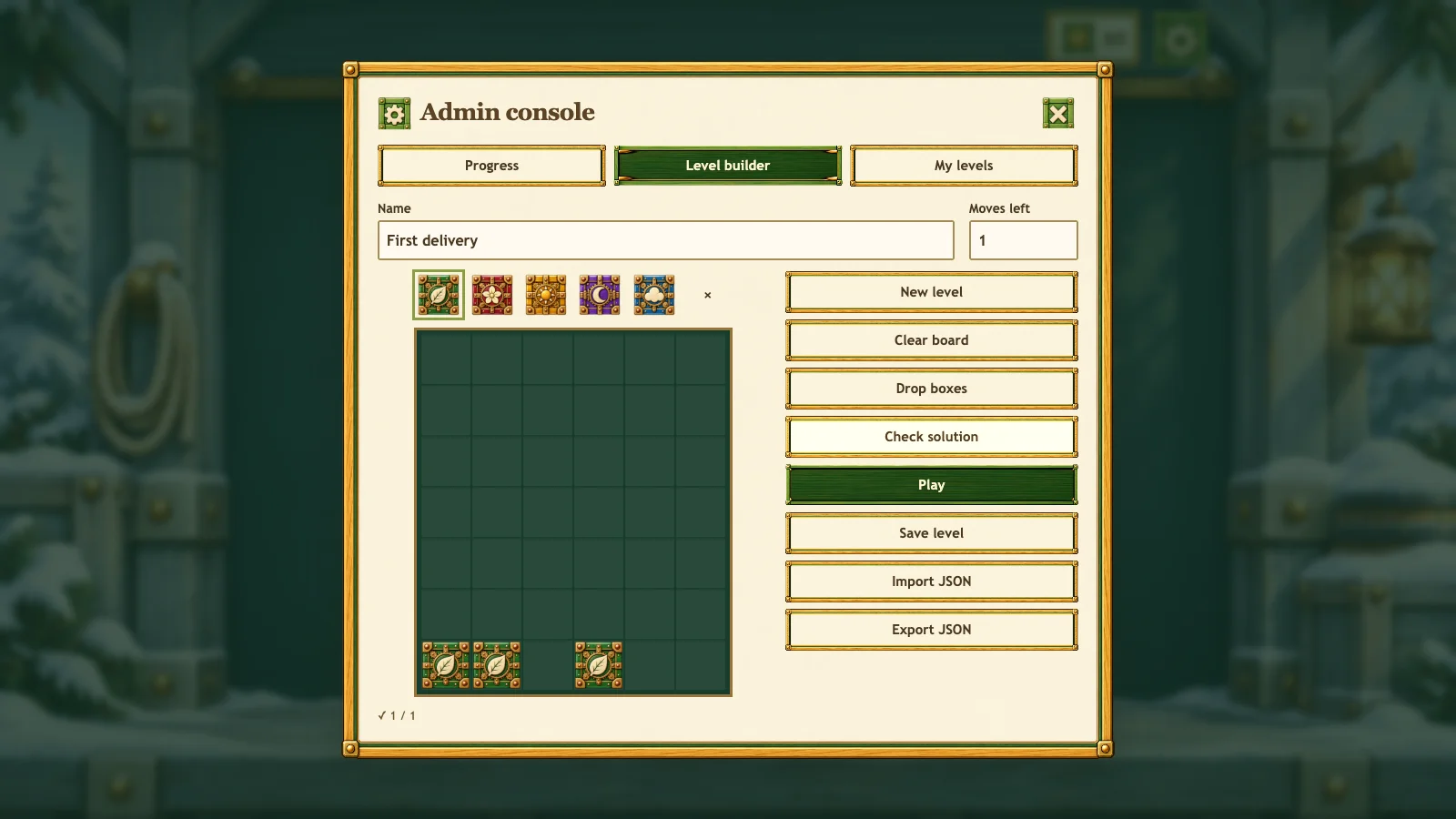 Level builder — paint, solve, playtest, save, import and export puzzles.
