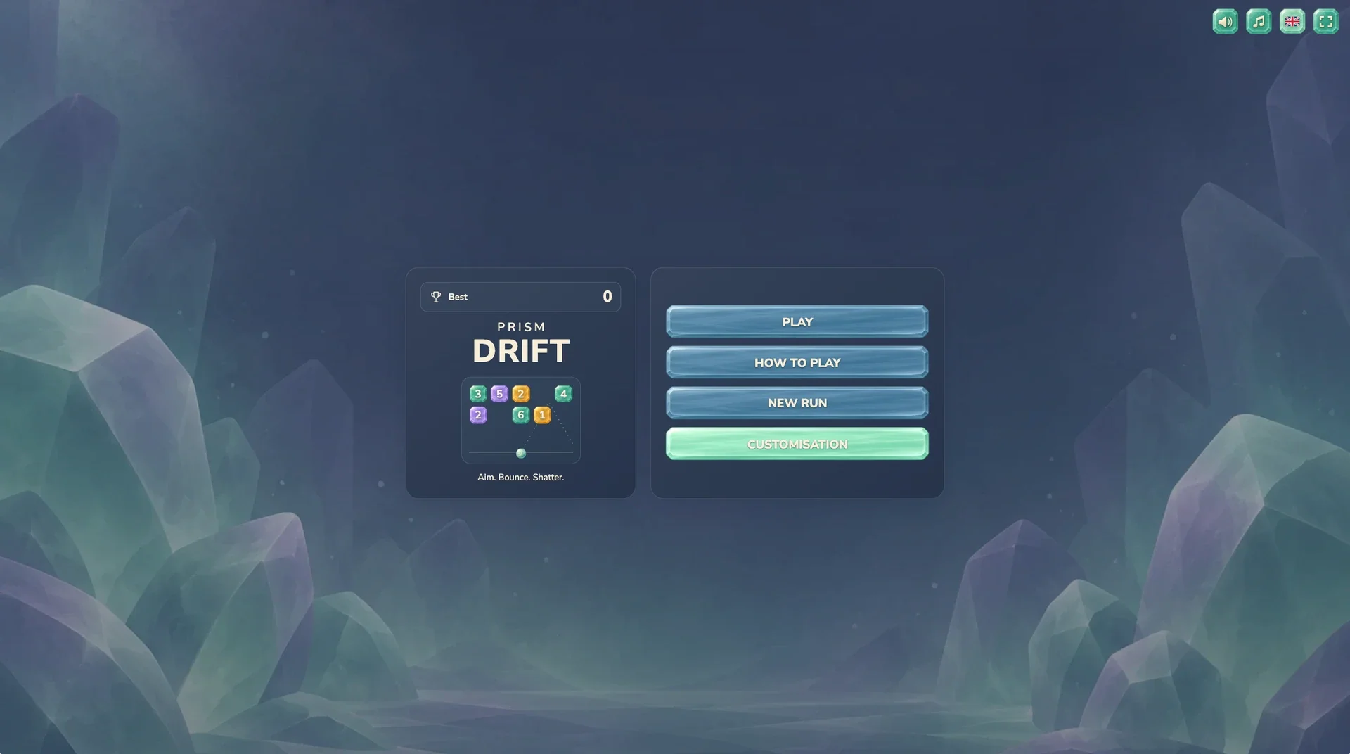 Main menu — start a new run or choose a cosmetic theme.