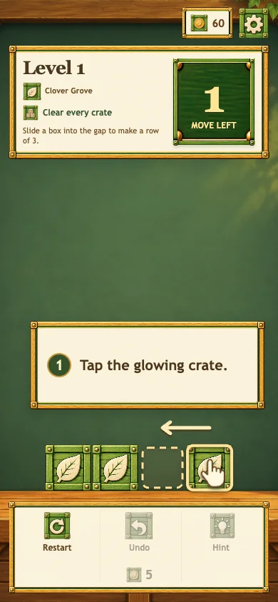 Portrait tutorial — a hand and highlighted gap guide the first move.