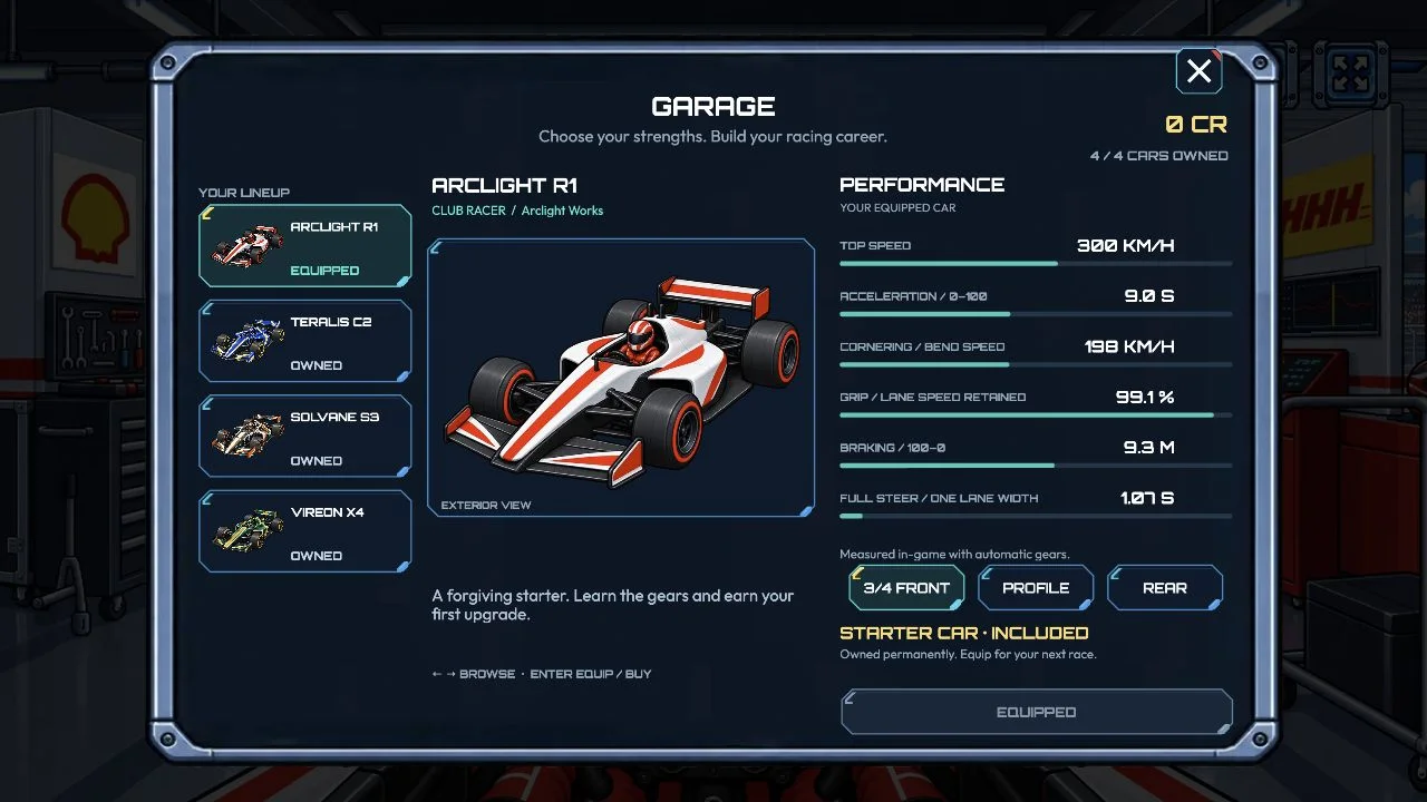 Garage with four selectable cars