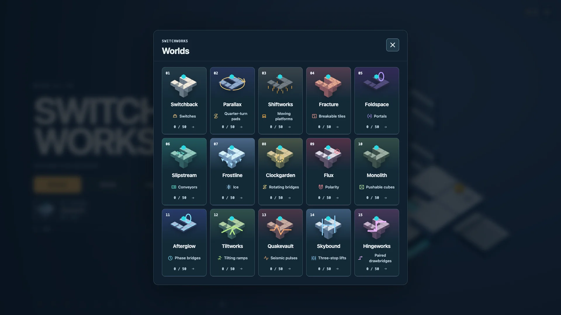 All 15 worlds, each with a distinct mechanic and 50 authored levels.