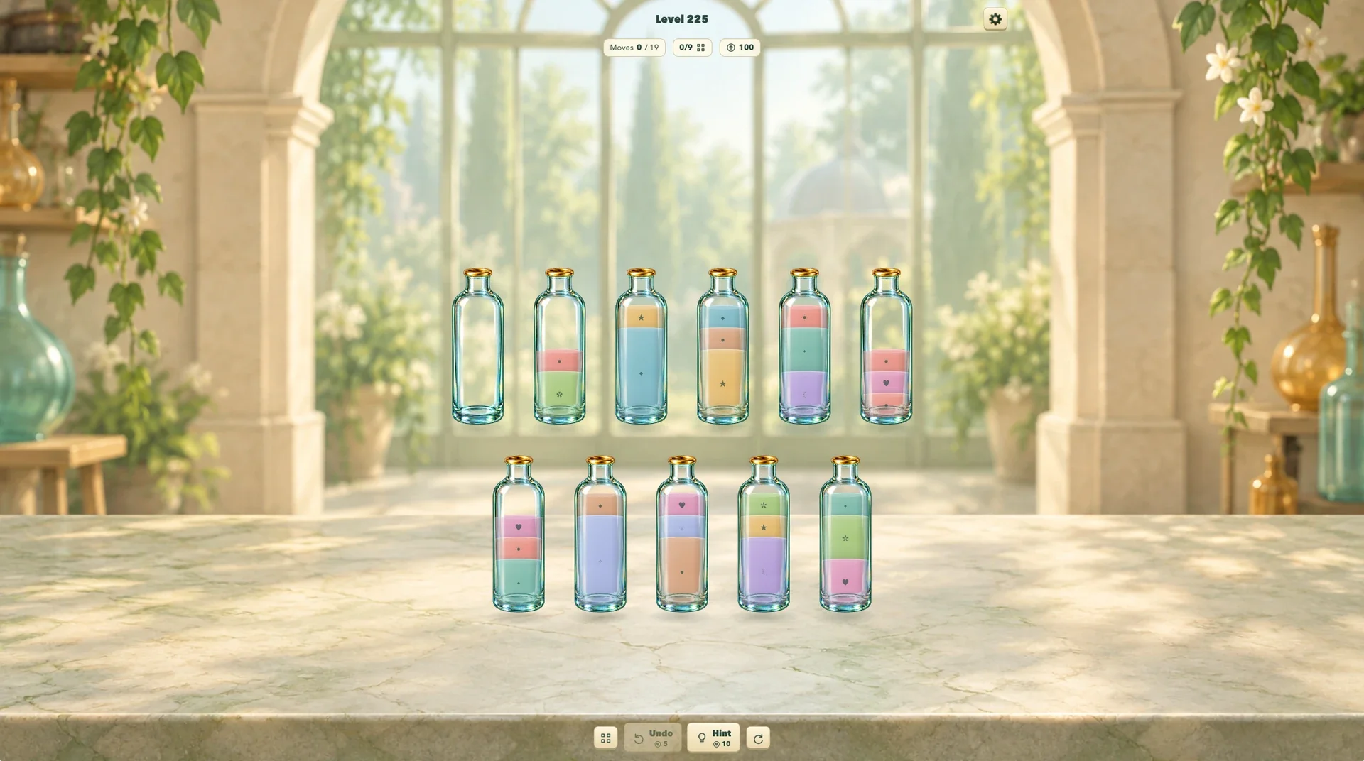 Level 225 — a later-game liquid sorting challenge.