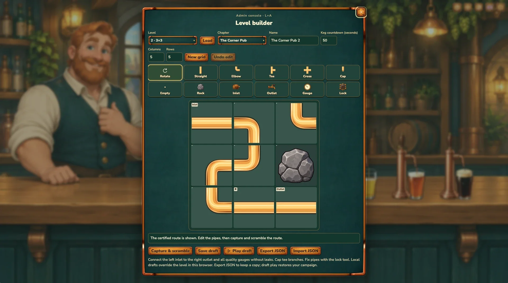 Level editor — design pipe layouts, validate solutions and playtest.