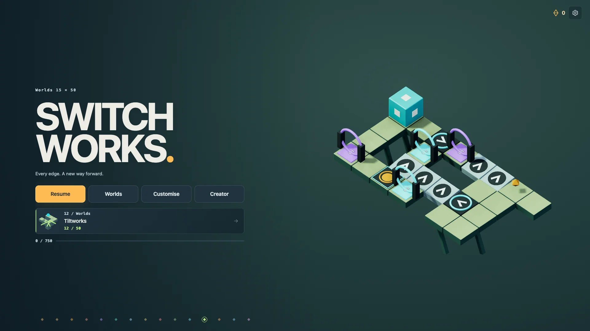 Main menu with a live Tiltworks puzzle preview.