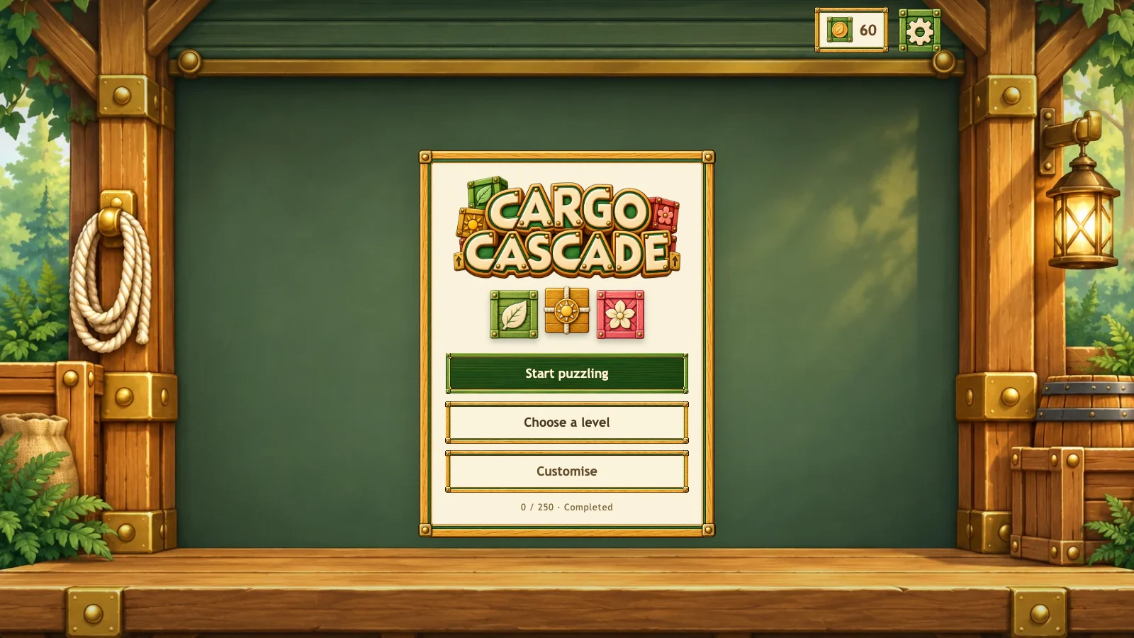 Main menu — start a puzzle, choose a level or customise Cargo Cascade.
