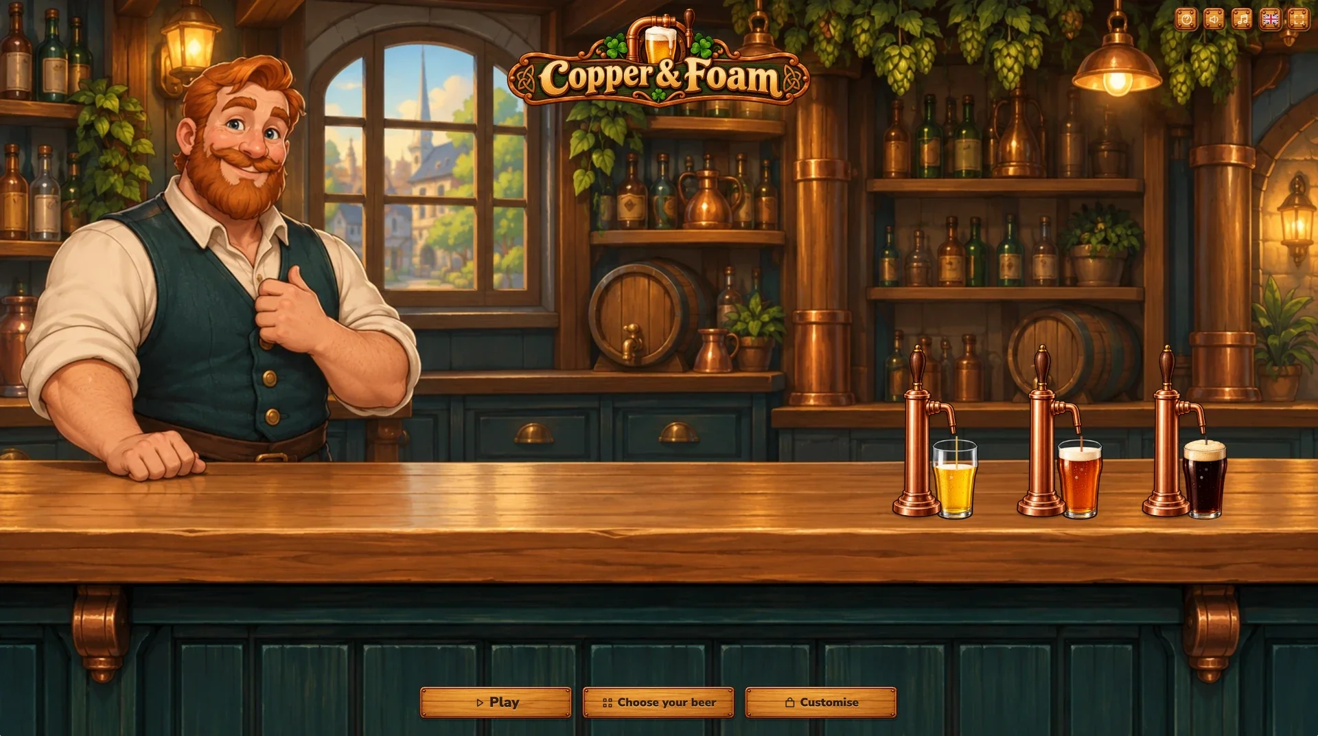 Main menu — continue service, choose a level or customise the pub.