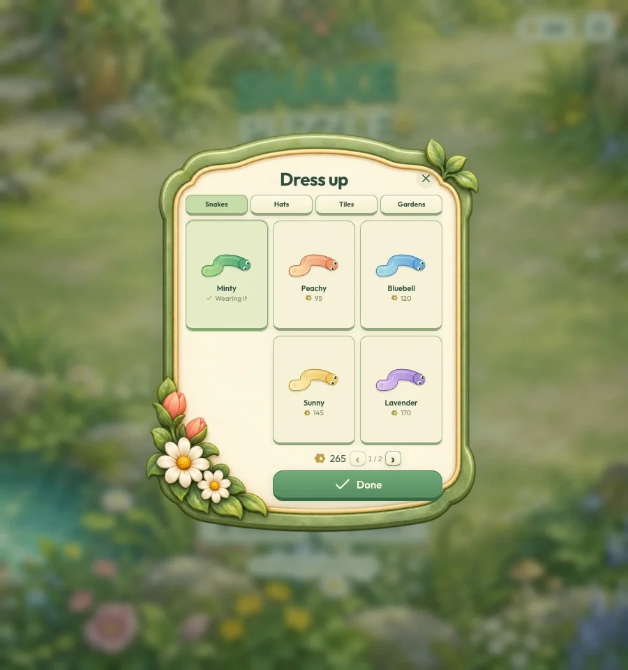Dress up — collect snakes, headwear, tiles and gardens