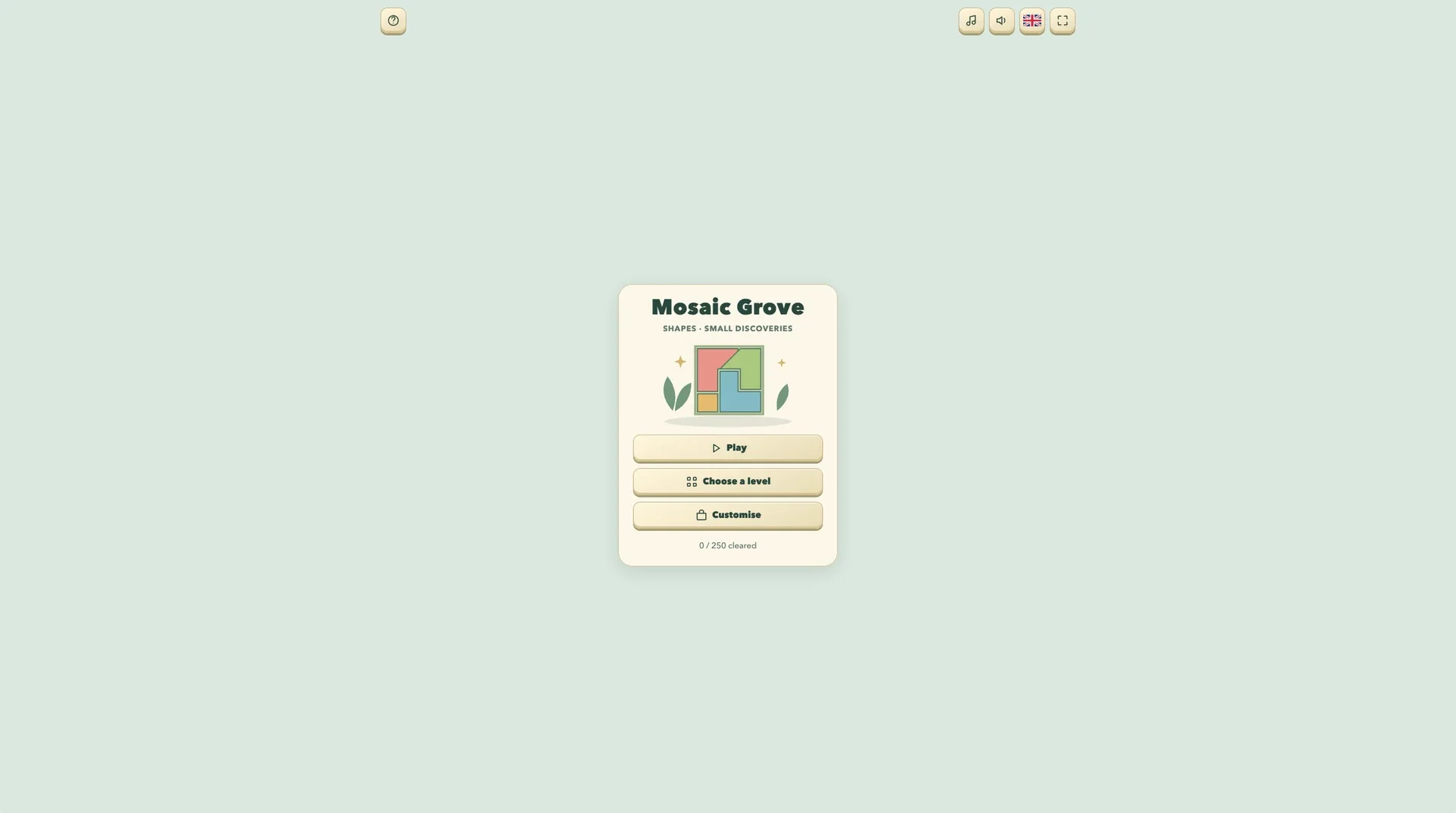 Main menu — choose a puzzle or customise Mosaic Grove.