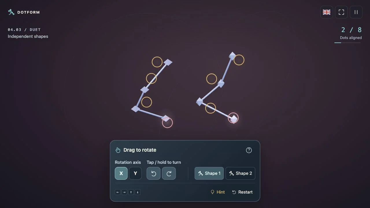 Actual gameplay · Duet: rotate two independent sculptures to align all eight dots.