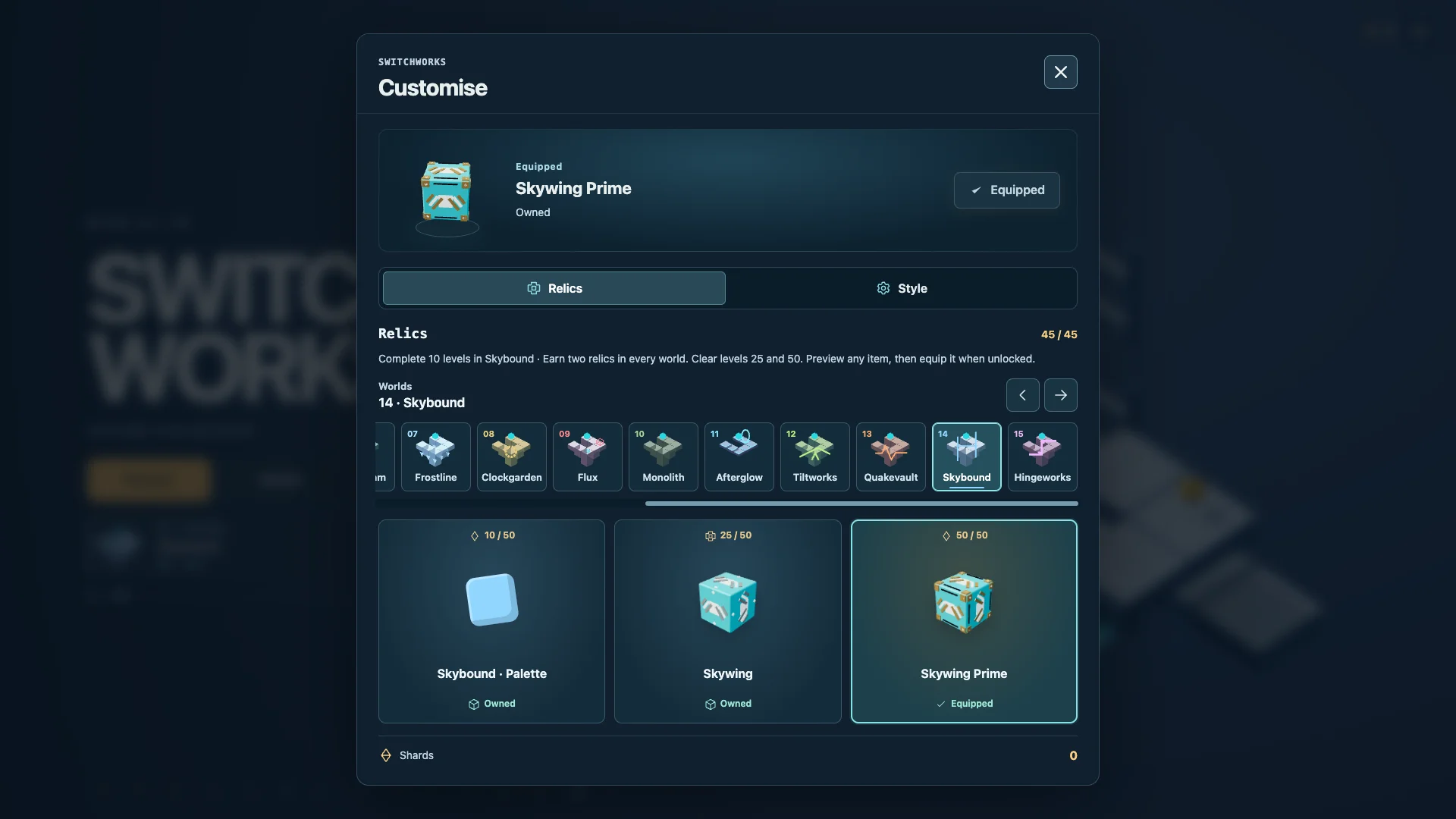 Customise: preview and equip earned world palettes and Prime relics.