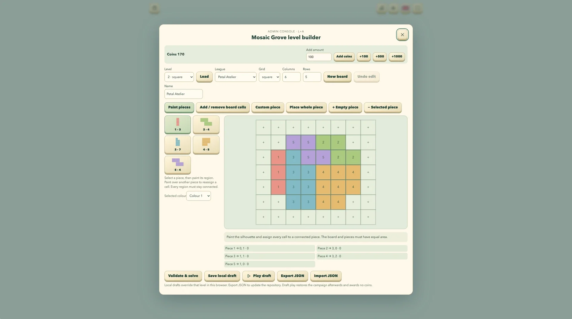 Level editor — create, validate and playtest custom mosaic puzzles.
