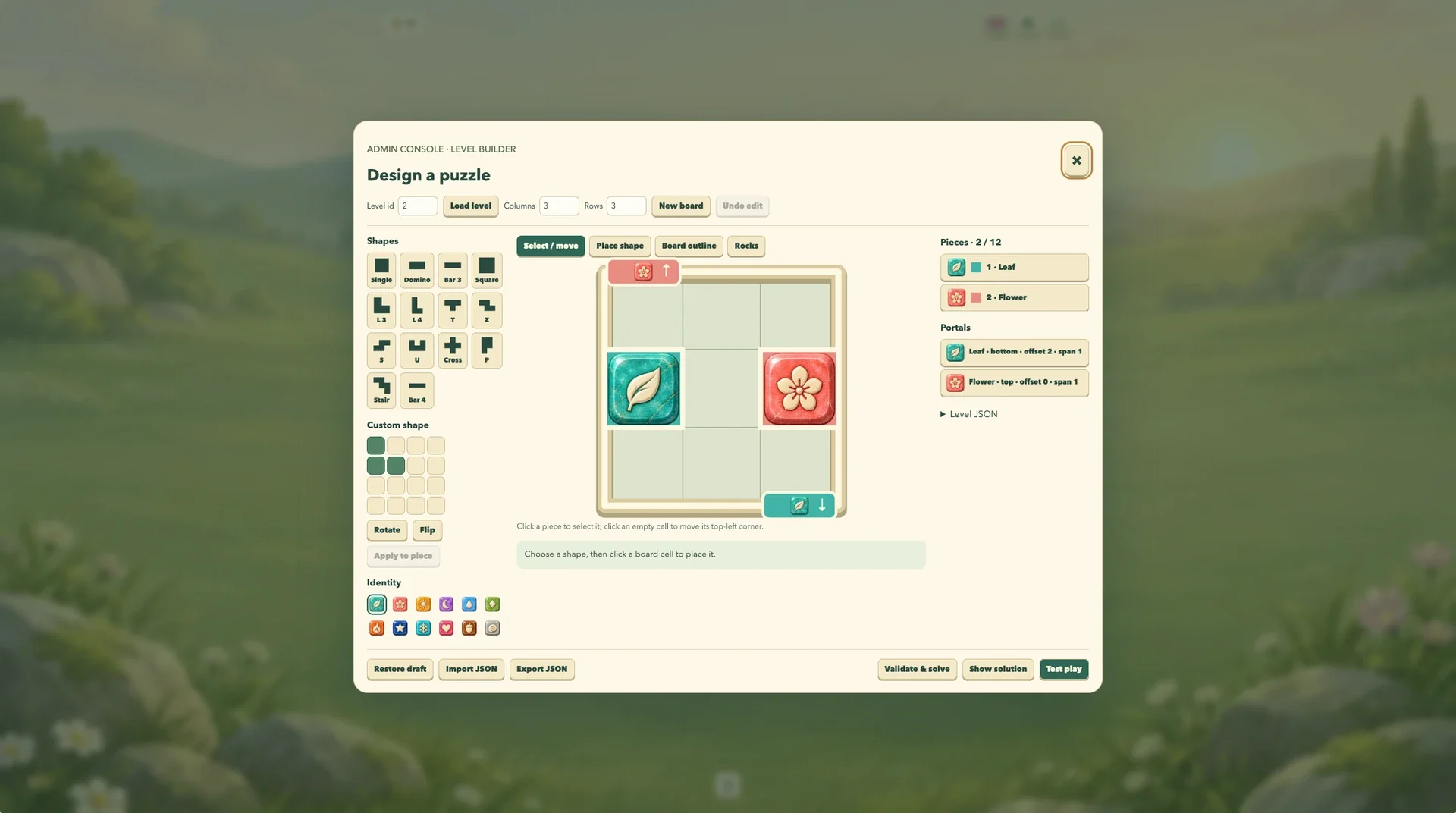 Level editor — design boards, place pieces and exits, then validate and playtest.