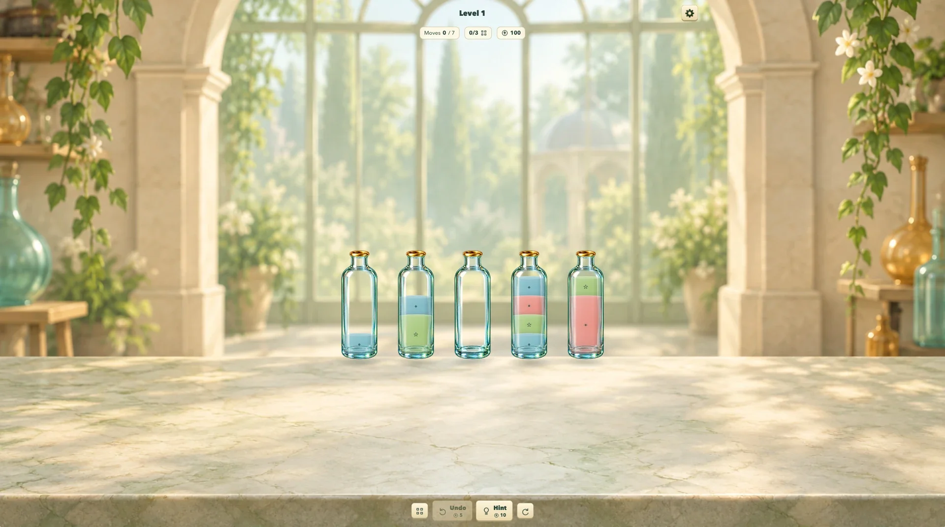 Level 1 — learn to sort liquid layers into matching bottles.