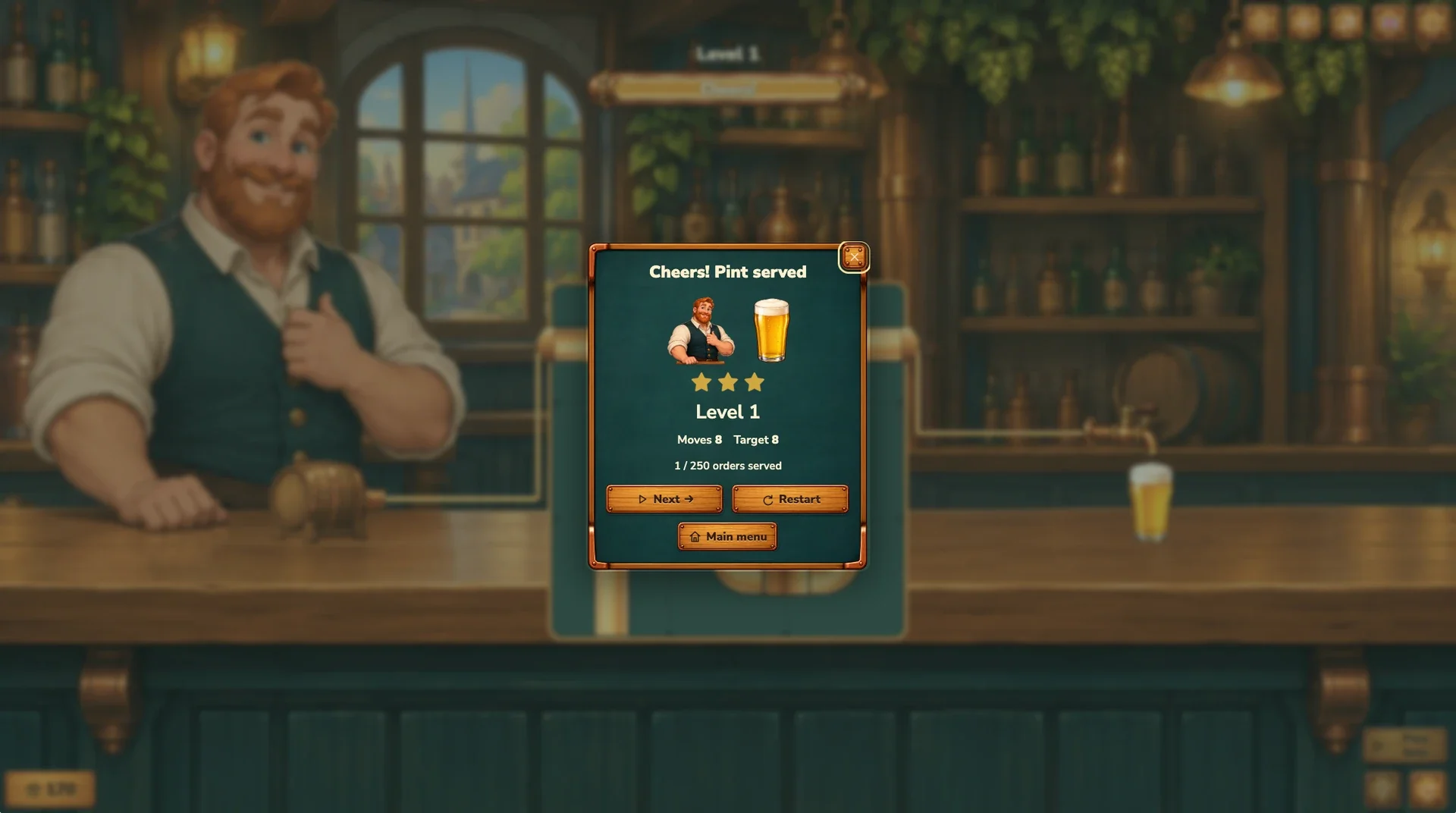 Pint served — the level-complete panel and rewards.